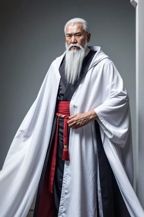 "Full-body image of an elderly Chinese man with a long white beard, wearing a long cloak. His face is lifelike with sharp eyes and a determined look."