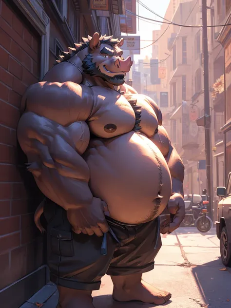 1boy, 1man, solo, (furry boar, hog), (topless, hippo), well-muscled old man, bearded, 90s city. ((chubby, fat belly, huge belly, massive belly, extremely huge muscular, massive muscular, extremely muscle size, super thick arms, huge pec, hyper pec, bigger ...