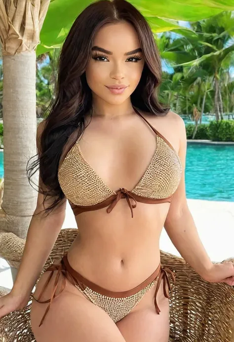 ((Best resolution)), ((high quality:1.2)), Work of art, 8k, extremely detailed, ((High detail:1.2)), (Hotlexi woman), ((Elsa Jean with brown hair)), Solo, ((24 year old Colombian female)), (bikini), (perfect hourglass hot body),