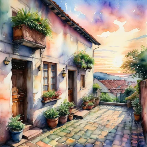 In a watercolor landscape filled with ennui, the afternoon sun casts a soft glow, signaling the approach of sunset. The scene is awash with soft colors, reflecting an absent-minded warmth. In South America, a residential street comes alive with color: cobb...