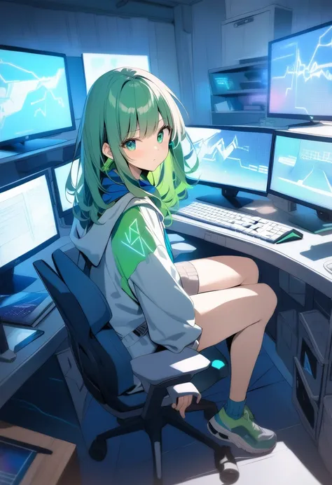 An anime style girl representing a neural network, with bright green and blue elements, sitting at a computer in a cozy room, surrounded by digital screens and graphics, high quality, HDR, with emphasis on modern technology and friendly atmosphere