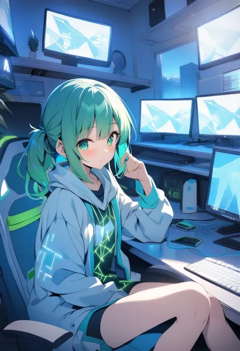 An anime style girl representing a neural network, with bright green and blue elements, sitting at a computer in a cozy room, surrounded by digital screens and graphics, high quality, HDR, with emphasis on modern technology and friendly atmosphere