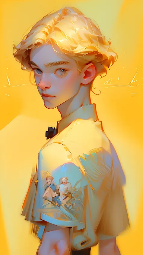 Anime artwork、Spectacular photos、Polaroid、Blonde woman、T-Shirts、Yellow Background、canon_5D_mark_4、Exquisite detail、J.c. Art by Leyendecker