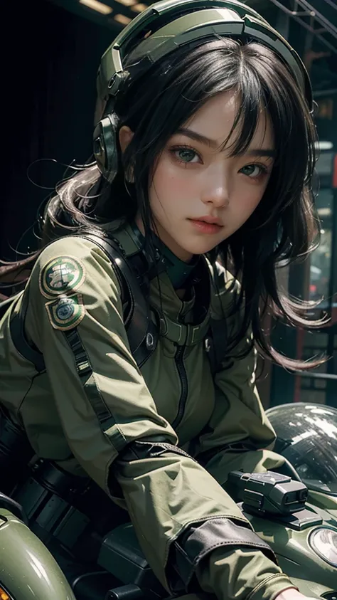 Highest image quality, outstanding details, ultra-high resolution, (realism: 1.4), the best illustration, favor details, highly condensed 1girl, with a delicate and beautiful face, dressed in a black and green mecha, wearing a mecha helmet, holding a direc...