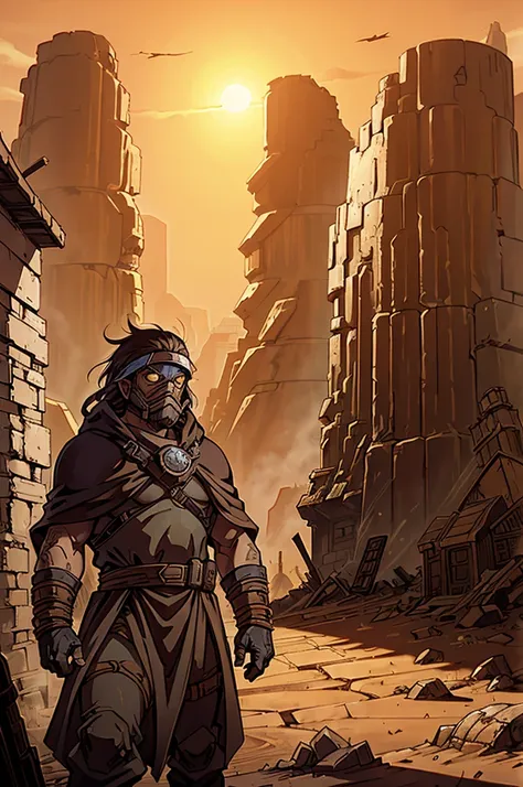 A dwarf runner in heavy desert attire, with a reinforced cloak and a complex breathing apparatus that filters the dusty air. The dwarf surveys a barren, post-apocalyptic landscape from a shattered city wall, where the remains of ancient machinery and falle...