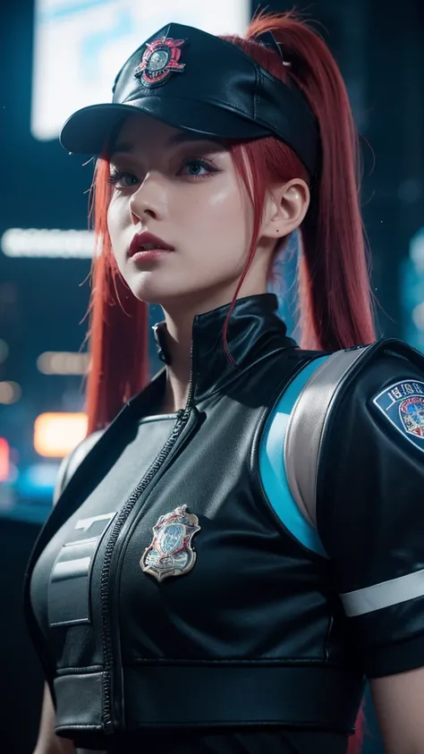 Realistic, Extreme close up, Create a confident and striking girl character with red hair styled in pigtails. She is wearing a futuristic police uniform with a blue and black color scheme, detailed with a badge on her cap and shoulder. Her outfit is form-f...