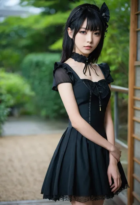 17 years old,female,japanese, sharp features,gothic,coquette, black dress,tan,slim, thin waist