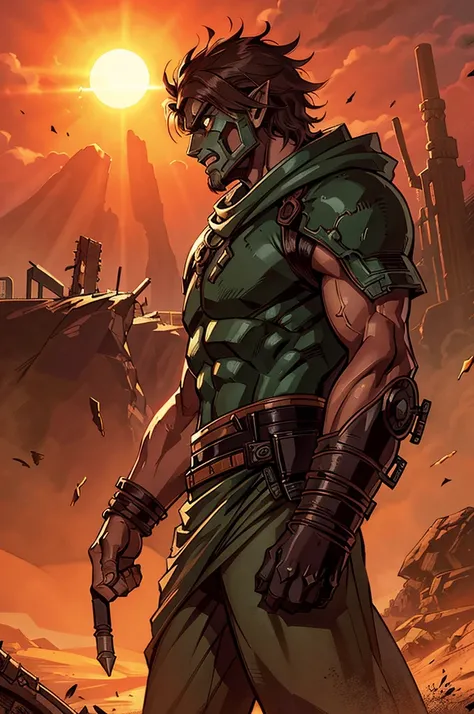 A close-up profile of an orc runner from the waist up, with a slightly green-toned skin that contrasts against the dusty, sun-scorched desert environment. The orc is dressed in rugged desert attire, with a heavy hood and a reinforced tech mask that emits a...