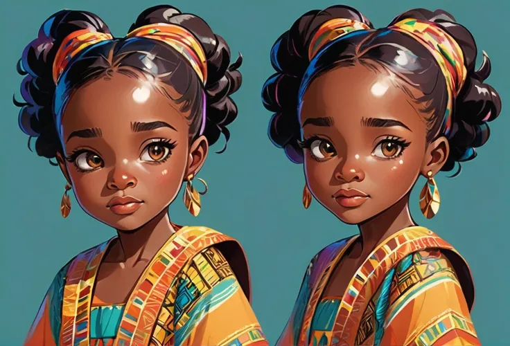 An eight years old girl (character design sheet)  face study, lip sync, expression, same character front, side, back
African (masterpiece best quality:1.2) delicate illustration ultra-detailed, illustrations, bright, colourful, 