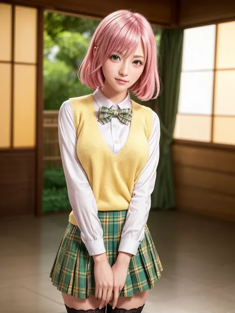 ph momo, momohd, phmomo, solo, 1girl,  pink hair, purple eyes, short hair, hair flower, sweater vest, ,(yellow sweater:1.2), big eyes, plaid skirt, black thighhighs, (masterpiece:1.6, best quality),  (finely detailed beautiful eyes: 1.2), ultra-detailed, i...