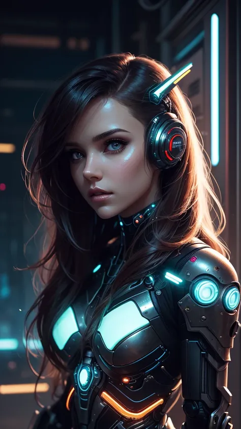 a woman with long hair and a futuristic outfit, portrait beautiful sci - fi girl, dreamy cyberpunk girl, beutiful girl cyborg, 4k highly detailed digital art, beautiful digital artwork, wlop. scifi, beautiful cyberpunk girl face, cyborg girl, cyborg - girl...