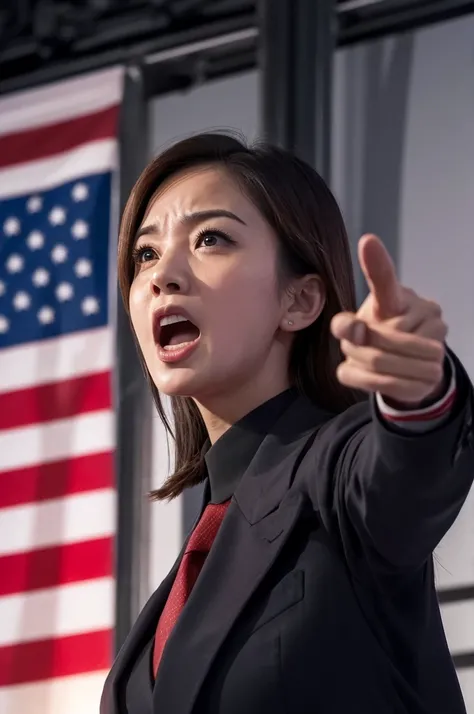 A powerful and determined political figure delivering a passionate speech, with an intense facial expression and a finger pointing upward. The background should include flags or symbols of authority. The scene should be captured with high detail, realistic...