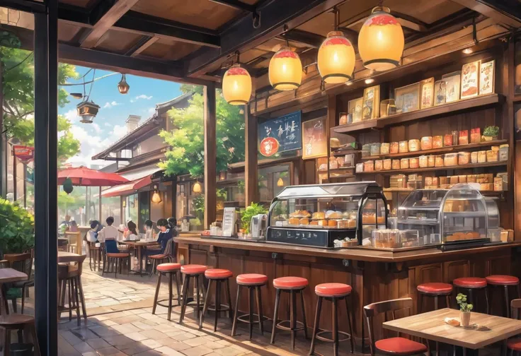 anime style, The cafe&#39;s interior has intricate details and bright colors.. Delicate steam rose from the hot cappuccino on the table., The seat has soft cushions in bright colors., Many potted plants, Add a warm and inviting atmosphere.. Soft lighting c...