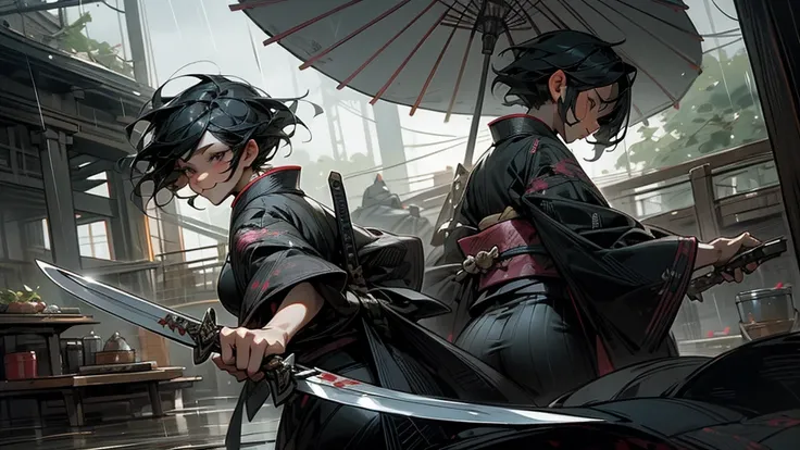 masterpiece,Highest quality,Ultra-fine illustrations,Very detailed,Beautiful background,Perfect Face,Perfect hands,Dynamic Angle,Ink painting style,ass pov,Dynamic Scene,kimono,knife,short hair,rain,battlefield,Beautiful background,Fearless Smile,Good slas...