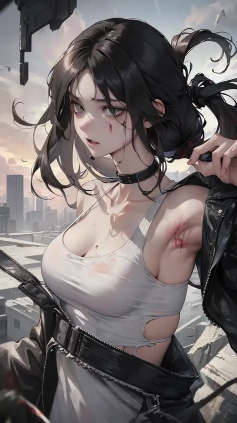 (Top resolution、Distinct_image)top-quality、A girl、​masterpiece、highly detailed, half body, Semi-realistic、grey eyes 、18year old、black hair,young 、Exquisite facial features、Facial features ,variation potrait, injured, ruined city background , long  hairstyl...