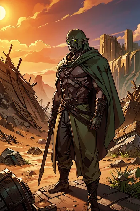 A waist-up shot of a green orc runner dressed in rugged, desert-tinted armor and a patched, hooded mantle. The orc’s face is hidden behind a heavy, reinforced mask designed to filter the harsh desert air. Their cloak is frayed and stained with dust, blendi...