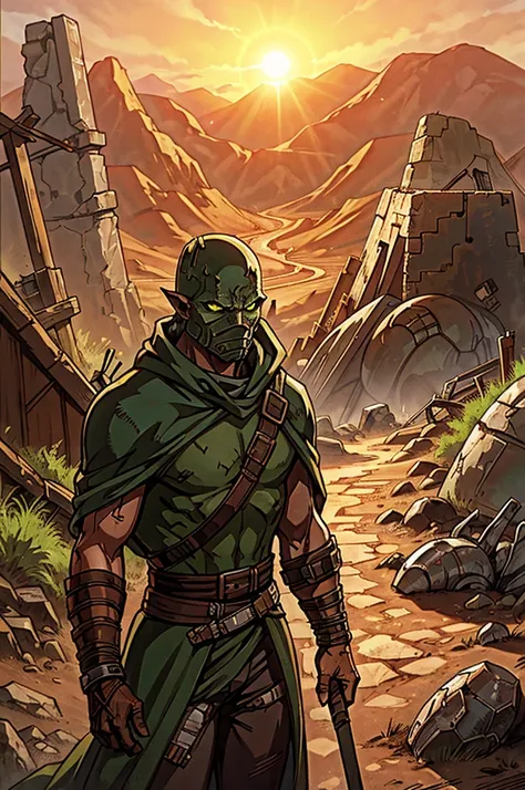 a waist-up shot of a green orc runner dressed in rugged, desert-tinted armor and a patched, hooded mantle. the orc’s face is hid...