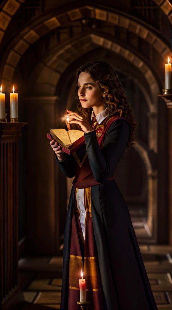 gryffindor witch holding a grimoire in the halls of hogwarts. realisitic, linda, beauty, mantea, shadowed, candle lights, noturm...