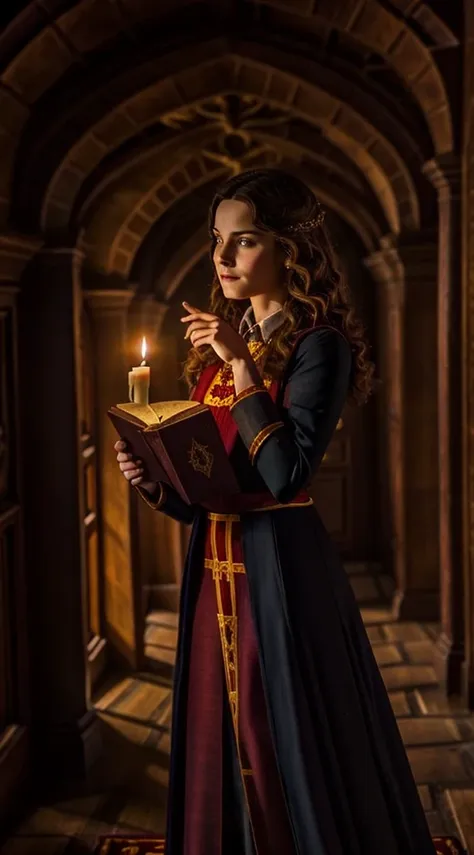 Gryffindor witch holding a grimoire in the halls of Hogwarts. realisitic, linda, beauty, mantea, shadowed, candle lights, noturmo, 