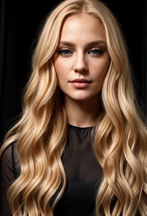 a close-up of a woman with long blonde hair wearing a black dress, she has long orange blonde hair, Attractive features, blonde wavy hair, orange fur