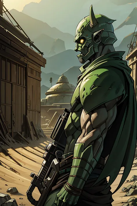 A profile view of a green orc runner, with a deep green skin tone contrasting against their desert-worn gear. The orc is wearing a hooded desert cloak, with armor plates strapped over their chest and shoulders. A bulky, tech-enhanced mask obscures their fa...