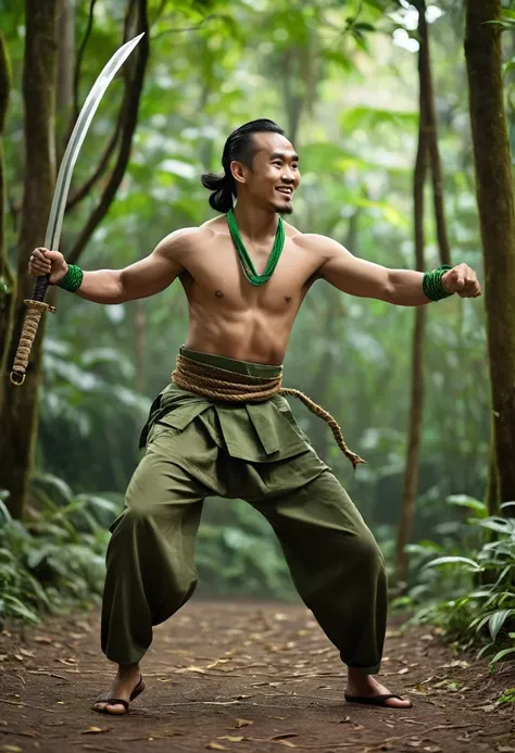 Realistic photo of a 30 year old Indonesian man with a square and clean face, long hair tied in a small bun, strong, muscular and dashing body, wearing a rope necklace, green cloth bracelet, brown batik trousers, green cloth belt, strappy sandals, doing fr...