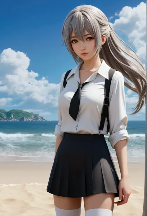 ((head of&#39;artwork)), ((best quality)), ((high resolution)), ((Background&#39;Extremely detailed Unity 8k CG display)), bare, tachibana kanade, beige , jupe noire, white socks, En plein air, confront, beach, dangling hair, parted hair, silver hair