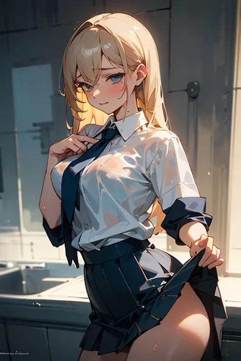 ((Best Quality)), ((masterpiece)), (detailed), 1 girl, with wet clothes in a sexy pose with her hand lifting her skirt