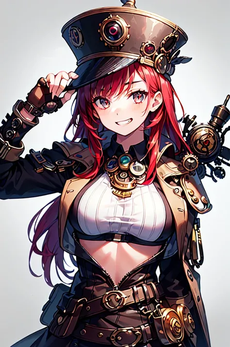 (((masterpiece, Highest quality, 1girl, Beautiful attention to detail:1.6, Upper Body, Anatomically correct, Steampunk, Long Hair, natural fingers))), v shaped eyebrows, Sports Bra, grin, red hair, short cut, gray background