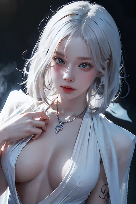 ((woman with tattoo on chest)), girl, Short white hair with bangs, Black strands of hair, Purple eyes, White T-shirt and white cape, Pendant around the neck. Natural and beautiful standing posture, Crisp and realistic body detail. 超High resolution.Photorea...