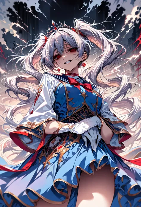 (masterpiece, Highest quality, so beautiful, Super detailed), Intricate details, 12k, Honestly, Long Hair, Double Bang, Twin tails, Parted bangs, tiara, Earrings, red eyes, Red choker, Blue sailor collar, Red Bow, White shirt, Elbow hand pockets, White glo...