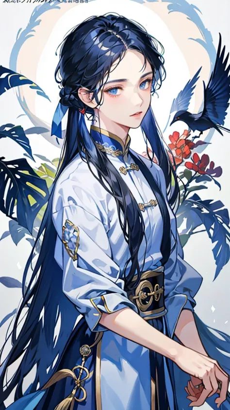 Alone，dark blue long hair，male，romantic，Chinese clothes，Clothes open，Charm，gentle，Tolerance