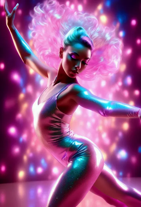 (Ultra-realistic Dancer), y2k style, a (light pink:0.1) palette with holographic colors and in the background. The image has a glittery and shiny quality, in the style of retro photography, film, color negative, captivating chiaroscuro, dynamic movement, (...