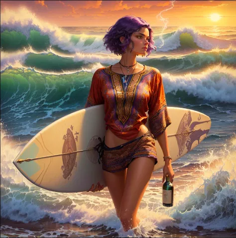 painting of a woman walking on the beach with a surfboard, style of tim hildebrandt, by Tim Hildebrandt, inspired by Tim Hildebrandt, greg hildebrandt highly detailed, casey weldon, lsd waves, by Tim and Greg Hildebrandt, michael cheval (unreal engine, by ...