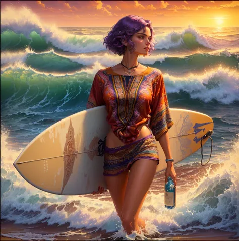 painting of a woman walking on the beach with a surfboard, style of tim hildebrandt, by Tim Hildebrandt, inspired by Tim Hildebrandt, greg hildebrandt highly detailed, casey weldon, lsd waves, by Tim and Greg Hildebrandt, michael cheval (unreal engine, by ...