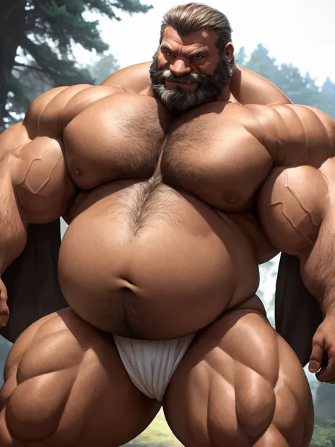 1boy, 1man, solo, (topless, white fundoshi), scary face, well-muscled old man, bearded, dark forest. ((chubby, fat belly, huge belly, massive belly, extremely huge muscular, massive muscular, extremely muscle size, super thick arms, huge pec, hyper pec, bi...