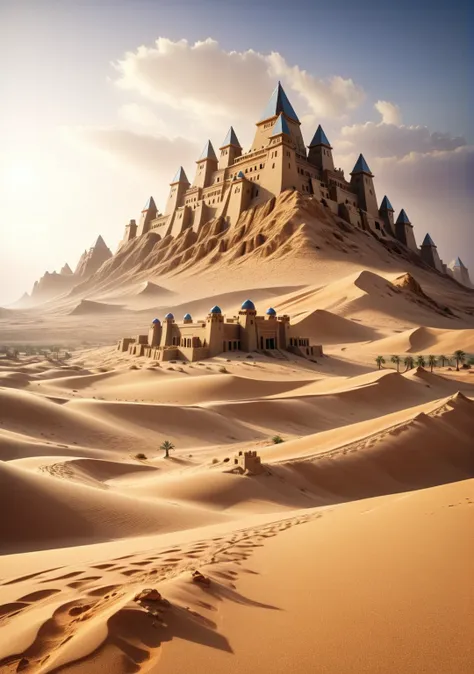 a beautiful scene from the egyptian desert i see a beautiful castle made from the desert sand itself. full of details. beautiful...