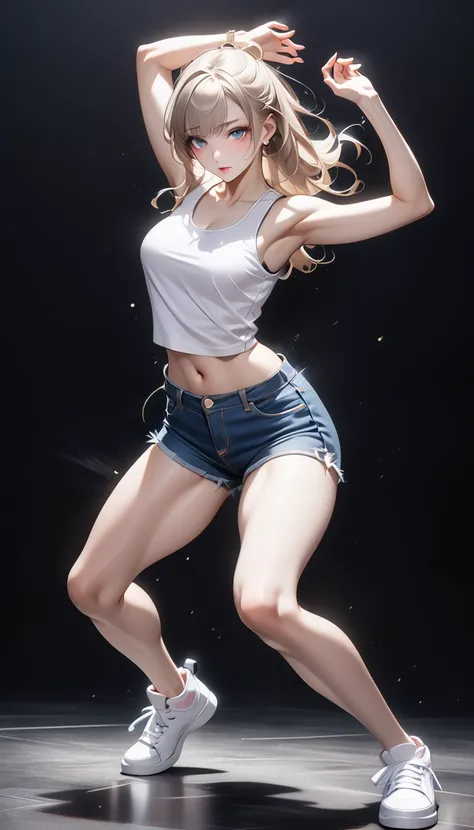 (Generated in SFW:2.0), masterpiece, Highest quality, Realistic photos, RAW Photos, dynamic dancing woman, alone, Beautiful Face, Bangs that fall on the forehead, Casual clothing, (Tight tank top:1.2), (Denim shorts:1.2), Sleeveless, Seductive body lines, ...