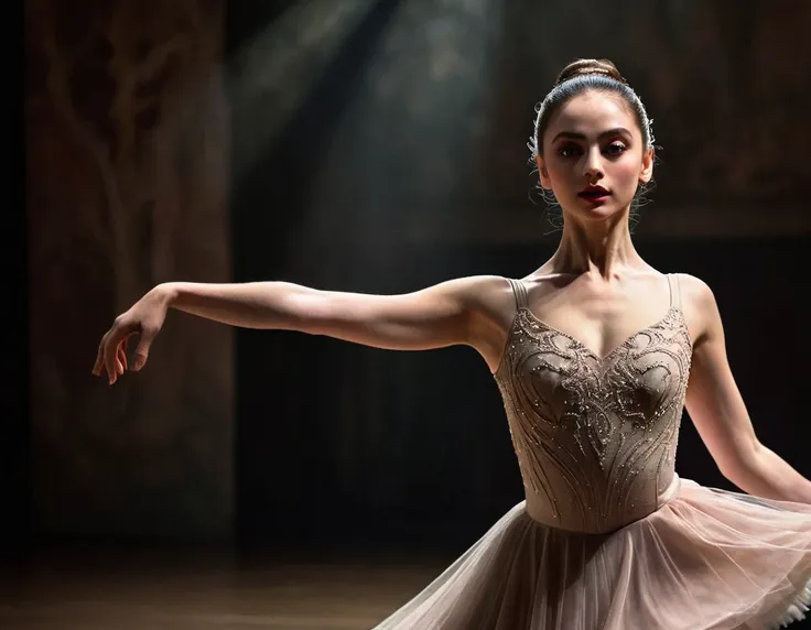 a graceful female dancer performing a ballet dance on a dimly lit stage, beautiful detailed eyes, beautiful detailed lips, extre...