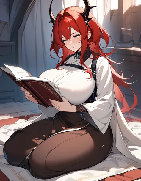 Surtr(Arknights),red hair,curvy body,wears Muslim clothes,big breast,nsfw,praying in bedroom,sitting on a prayer mat,crying, reading Quran.