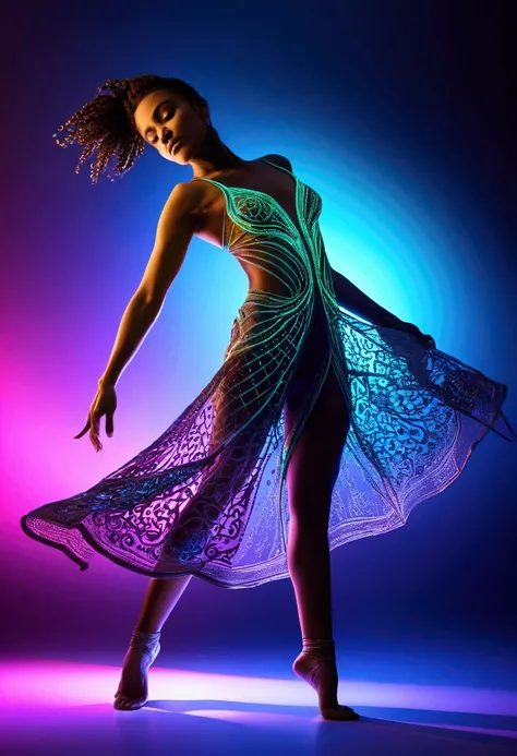 (Ultra-realistic Dancer), in the style of neon lights, studio photography, photo taken with provia, sharpen lens, captivating chiaroscuro, dynamic movement, (special effects:0.1), full body, award-winning, cinematic still, emotional, vignette, dynamic, viv...