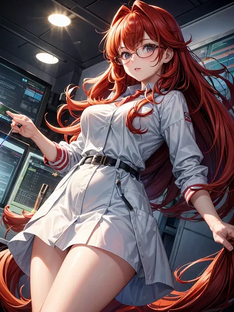 (high resolution) , (best qualityer),(4 k image),(detailedeyes),. 1 girl, big red hair,smallbreast, dressed as a scientist with scientist clothes on everything scientistsbrsnco and scientists glasses,doing experiments.