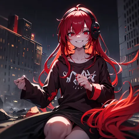 Cute redhead psycho teen girl, long hair, red eyes, headphones, big smile, excited, happy, shirt with long sleeves, track long pants, mask, stained with blood, high top barefoot, visible feet, soaked clothes, outdoors, midnight, fog, rain, dark ambience, r...