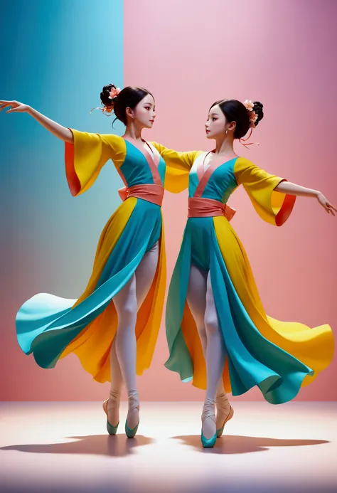 A pair of beautiful and graceful twin dancers，Performing gracefully on stage，Wear flowing outfits in soft pastels，Dramatic studio lighting，Vibrant colors，Dynamic posture，Soft background blur，High-quality 3D rendering，masterpiece, best quality