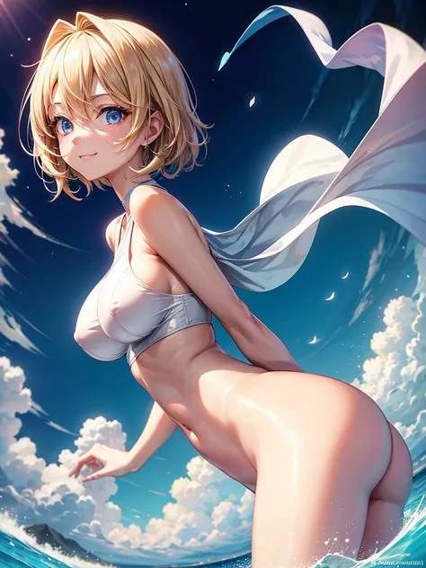 Anime style, super fine illustration, highly detailed, beautiful detailed, pale tone image, simple & static image, secy posing Portrait, static representation, gentle expression, 8k, angle from behind, pretty 1girl with blonde straight short hair & blue ey...