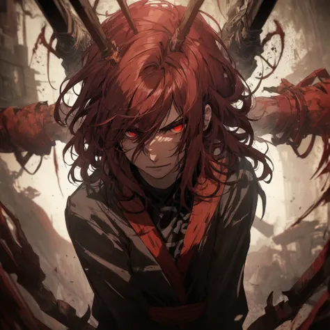 (dark shot: 1.1), epic realistic, 1male, height is acnologia human form from fairy tail, long spikey black and red hair, built muscular, dargon eyes are dark crimson, im wearing a tight-fitting black shirt, (which also bears my blood red draconian markings...