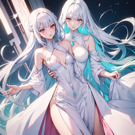 A woman with long silver hair with light blue tips, bangs, and a slender face. Eyebrows are very small and thin. Light red lips, pink cheeks, white skin, wearing a white dress and a long skirt. There&#39;s a blue butterfly in her hair, light blue eyes, lig...