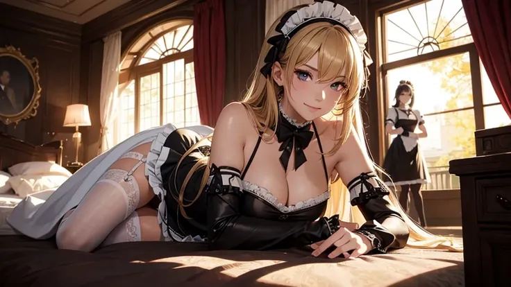 (tmasterpiece, high resolution,ultra - detailed:1.0),1 girl,Young and beautiful women,eye looking to camera,Perfect female body, , Extremely detailed CG,Unity 8k wallpaper，Complicated details, solo person, (skimpy Maid clothes), French Maid Open Uniform, s...