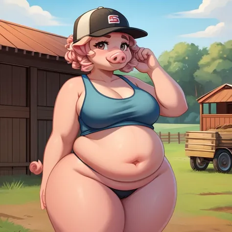 Solo female, pig, porcuine, wide hips, chubby, thick thighs, flirty, cute, tank top, snapback hat, country, farm, southern, curly pink pig tail, oink oink, teets on stomach