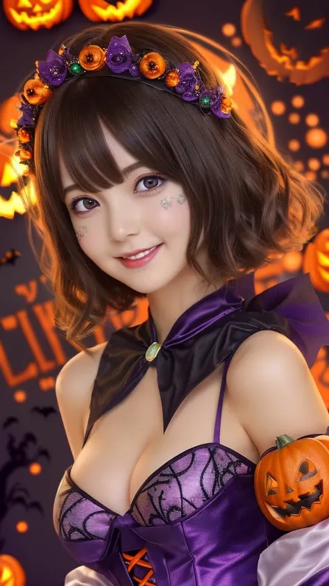 ((from below,upper body),a 25 years old girl, detailed cutie face, beautiful detailed eyes, detailed dropped eyes, beautiful charming smile, extremely detailed face,slender body,short hair,anime style, (halloween costume):2.0), Highres fix,colorful lights,...